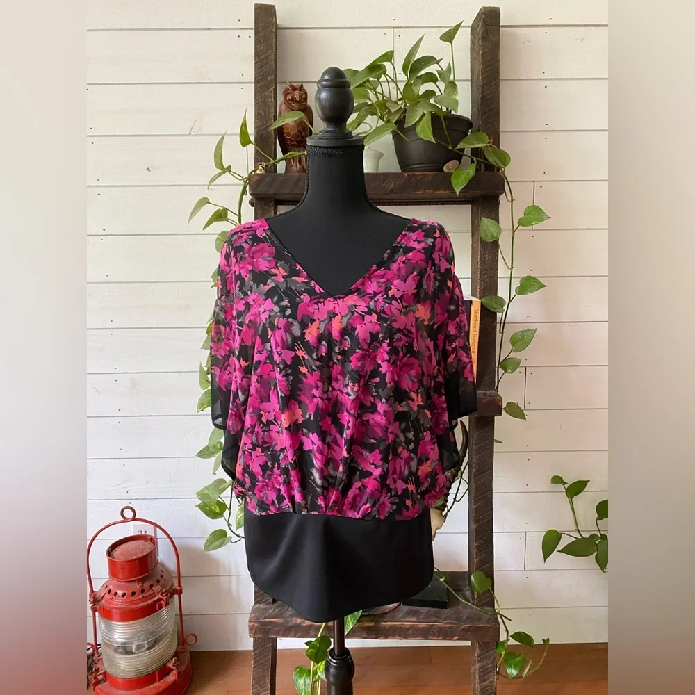 Elle: Pink and Black Floral Blouse with Cami